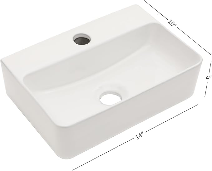 Floating Bathroom Sink Wall Mounted - Rectangle Vessel Sink 14" x 10" Small Modern Bathroom Wall Hung Sink White Porcelain Ceramic Vessel Vanity Sinks with Faucet Hole
