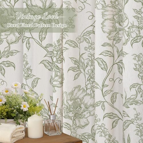 Sage Boho Linen Fabric Shower Curtain , Farmhouse Floral For Bathroom