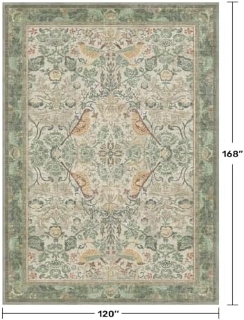 Floral Washable Large Rugs for Bedroom 10x14 - Sage Green Soft Area Rug for Dining Room Under Kitchen Table, Living Room, Playroom, Folable Non Skid Low Pile Indoor Carpet