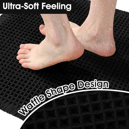 Upgraded Waffle Bath Mat, 32"x20" Black & White, Super Absorbent Non-Slip Quick Dry Bathroom Rugs with Tassels, Machine Washable Ultra Soft Boho Bath Rugs for Floor, Toilet Mats Boho Farmhouse Decor