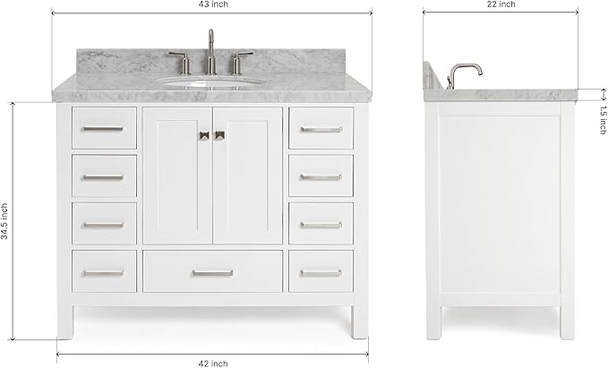 ARIEL Cambridge 42-inch Bathroom Vanity with Sink,Solid Wood, 1.5-inch Italian Carrara Marble Countertop & Backsplash, Single Oval Porcelain Sink, 2 Soft Closing Doors, 9 Dovetail Drawers, White