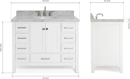 ARIEL Cambridge 42-inch Bathroom Vanity with Sink,Solid Wood, 1.5-inch Italian Carrara Marble Countertop & Backsplash, Single Oval Porcelain Sink, 2 Soft Closing Doors, 9 Dovetail Drawers, White