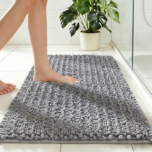 Disolla Grey Bath Mat 24x36 Inch - Luxury Chenille Bathroom Rug, Extra Soft Shaggy Plush Absorbent Mat, Non-Slip Washable Rug for Bathtub, Shower and Bedside