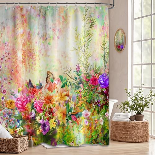 Floral Shower Curtain Colorful Wildflower Flower Butterfly Spring Summer Bathroom Decor, Waterproof Cloth Fabric with Hooks 70" Wx96 L