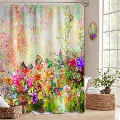 Floral Shower Curtain Colorful Wildflower Flower Butterfly Spring Summer Bathroom Decor, Waterproof Cloth Fabric with Hooks 70" Wx96 L