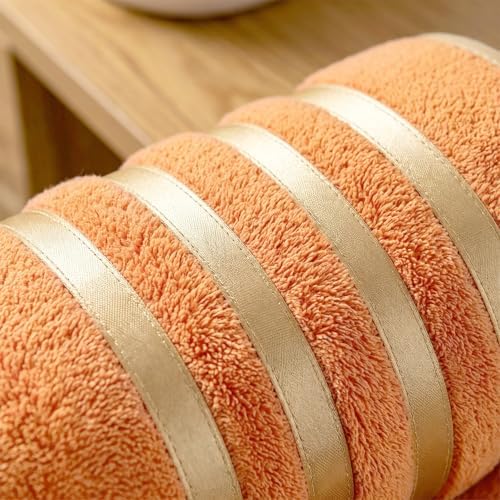 6-PCS Coral Fleece Microfiber Towel Set with Gold Stripes, Super Absorbent, Multiple Colors Available for Home, Bathroom, Hotel & Gym (6, Orange)