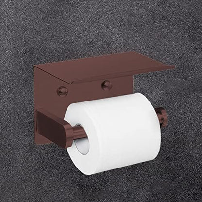 VAEHOLD Self Adhesive Toilet Paper Holder with Phone Shelf Stainless Steel Wall Mounted Toilet Paper Roll Holder - Rustproof and Bathroom Washroom Tissue Roll Holder with Shelf - Red Copper