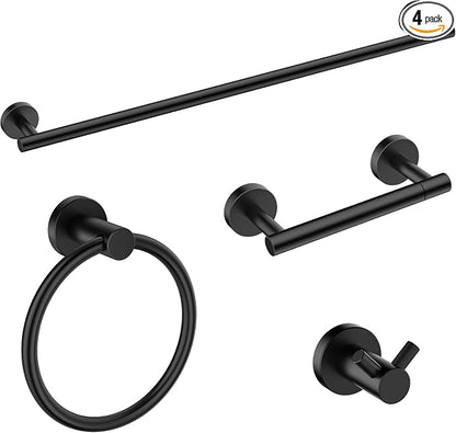 FORIOUS Bathroom Accessories, 4-Piece Bathroom Hardware Set - 30" Towel Bar | Matte Black | Towel Hooks, Towel Racks for Bathroom, Toilet Paper Holder Wall Mounted & Towel Ring | SUS304 Stainless Steel