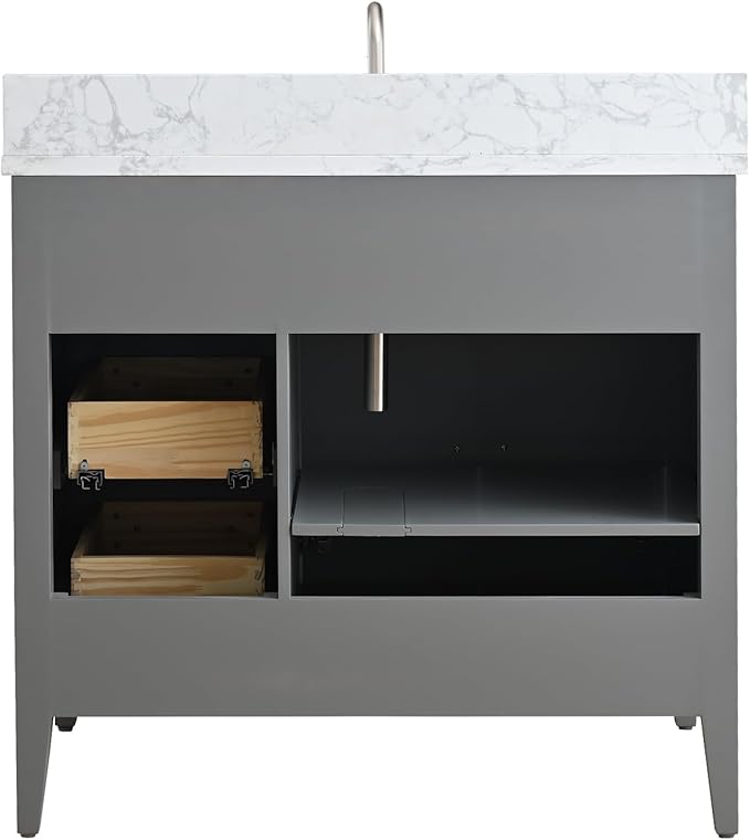 Vanity Art 36 inch Bathroom Vanity with Single Sink & Ceramic Top, Vanity Cabinet with Soft-Closing Doors, Drawers, Solid Wood Frame, Cashmere Gray, VA9036-G-MB1