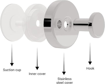 Suction Cup Hooks for Shower - 4 Pack, Chrome - Stainless Steel, Strong Suction, No Drill, Removable Hanger, Tile Bathroom Kitchen Wall, Glass Door, Mirror Hook Hanging Robe, Towel Holder
