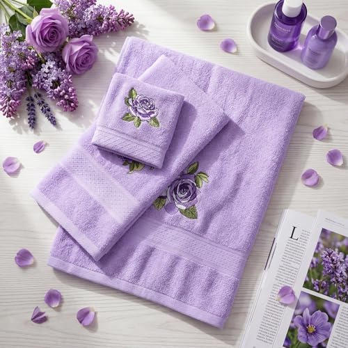 3 Pcs Rustic Purple Roses Bathroom Towel Set Farmhouse Embroidered Purple Roses Towels Vintage Decorative 100% Cotton Bath Towel Highly Absorbent Elegant Summer Decor Set for Bathroom