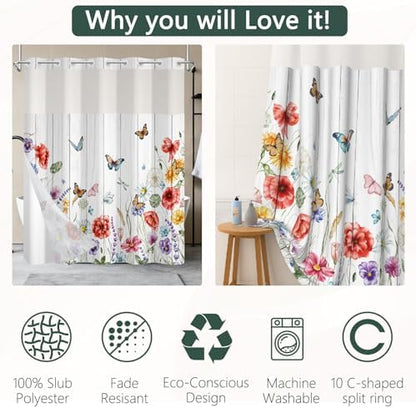 No Hook Shower Curtain with Snap-in Liner 71x74 Inch