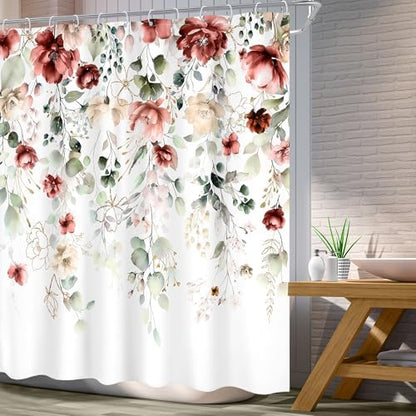 Red Floral Burgundy Rustic Watercolor Plant Bathroom Shower Curtain Set