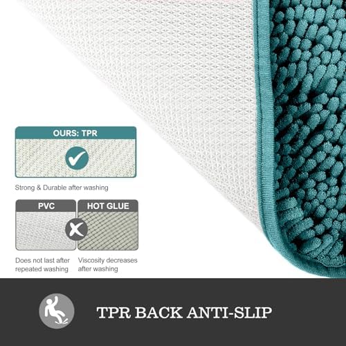 Yeaban Chenille Teal Bathroom Rug 17"x24", Non-Slip Rubber Backing