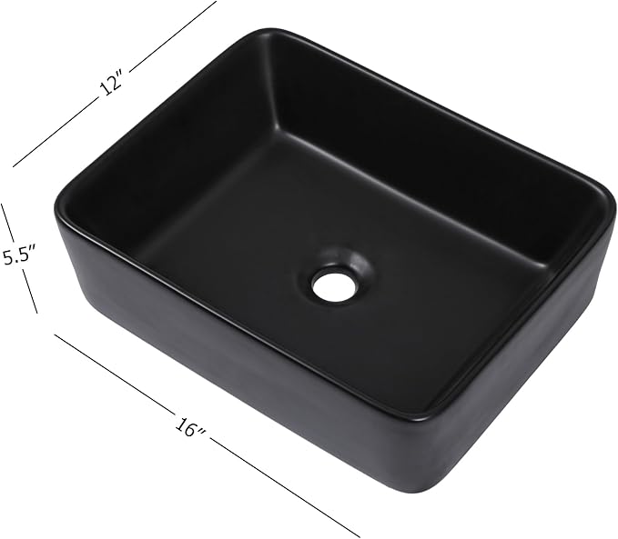 16"x12" Vessel Sink Rectangle - Modern Above Matte Black Porcelain Ceramic Bathroom Vessel Vanity Sink Bowl Art Basin