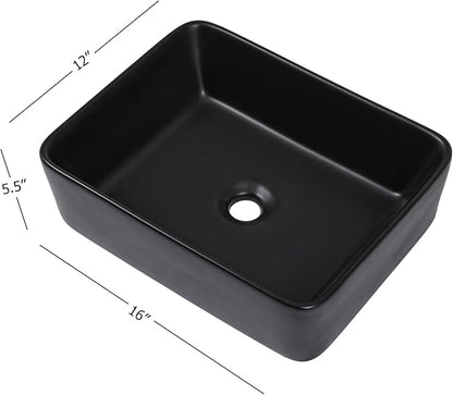 16"x12" Vessel Sink Rectangle - Modern Above Matte Black Porcelain Ceramic Bathroom Vessel Vanity Sink Bowl Art Basin