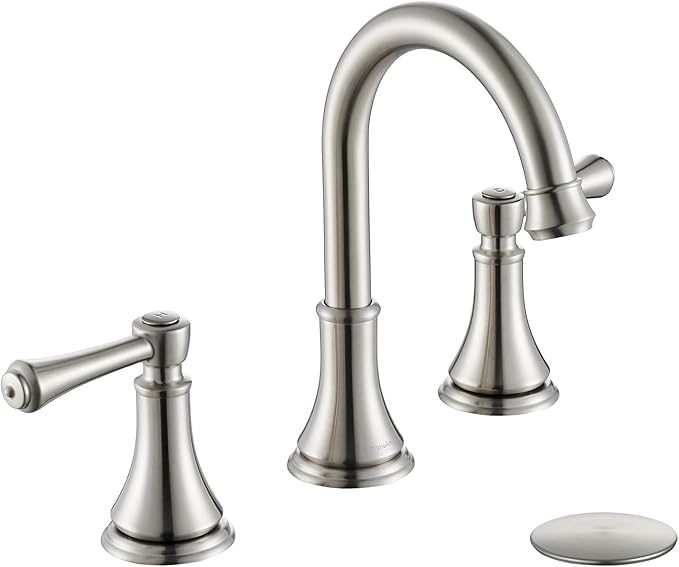 2 Handle 8 inch Widespread Bathroom Sink Faucet Brushed Nickel with Pop-Up Drain, High Arc Modern Bathroom/Vanity/Lavatory Faucet 3 Holes with Brass 360° Swivel Spout, TAF830Y-BN
