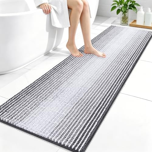 OLANLY Bathroom Runner Rugs 59x20, Soft Chenille Striped Bath Rugs, Grey