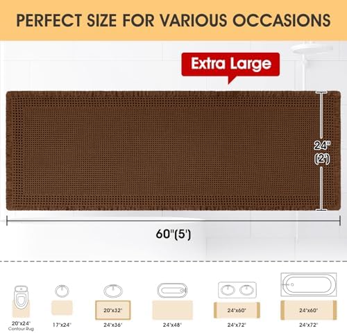 Extra Large Waffle Bath Mat, Boho Woven Modern Bath Rug Absorbent Non Slip, Ultra Soft Bathroom Mats, Machine Washable Knit Bath Rugs with Border for Bathroom, Bedroom, Kitchen, Tub, 5'x2', Brown