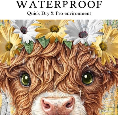 Cute Baby Highland Cow Shower Curtain, Farmhouse Yellow Wooden Daisy Shower Curtain for Bathroom Set, Funny Cattle Rustic Animal Fabric Waterproof Shower Curtains for Bathtub Decor with Hooks 36X72in