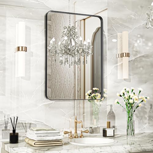 Black Bathroom Mirror 20x28 Inch, Wall Mounted Vanity Mirror with Metal Frame, Tempered Glass, Large Modern Farmhouse Wall Mirror for Bathroom, Horizontal or Vertical Hanging