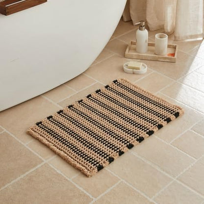 Triohero Waffle Bath Mat, Small Boho Bathroom Rugs, 16x24 Khaki & Black