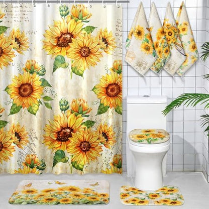 Honoson 8 Pcs Sunflower Shower Curtain Bathroom Set with Rugs, Vintage Floral Bath Decor with Rustic Script Background, Bath Mat Toilet Lid Cover U-Shaped Mat for Farmhouse Housewarming Gifts Decor