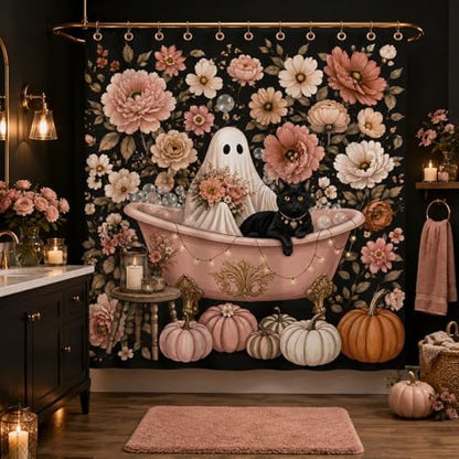 Halloween Shower Curtain, Black Cat Ghost Floral Bathroom Curtain, Autumn Pumpkin Decor Waterproof Polyester Fabric Shower Curtain with Hooks, 72x72 Inch