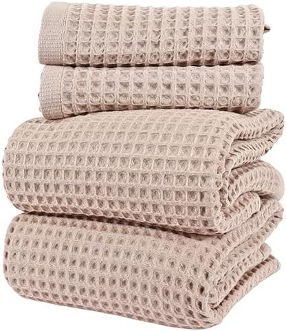 PÜSKÜL Natural 100% Turkish Cotton Waffle Towels Set of 4-Piece, Beige