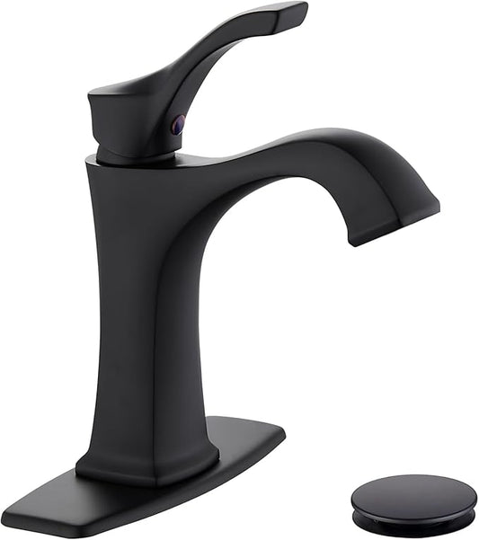 Matte Black Bathroom Faucet 1 Hole, Sanliv Single Handle Bathroom Sink Faucet, Modern Black Vanity Faucet with Deckplate & Pop-Up Drain for One or 3-Hole Farmhouse Sinks