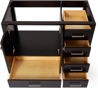 ARIEL Cambridge 42-inch Bathroom Vanity Base Cabinet,Solid Wood, 2 Soft Closing Doors, 5 Dovetail Drawers, Espresso