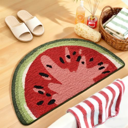 DEXI Cute Watermelon Bath Mat, Half Round Fruit Bathroom Rugs 36x20