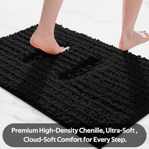 ACCUMTEK Upgrade Extra Large Black Bathroom Rug Set 3 Pieces Ultra Soft, Thick Absorbent Bath Mats, Non Slip Chenille Toilet Mat for Bathroom, Bedroom, Kitchen