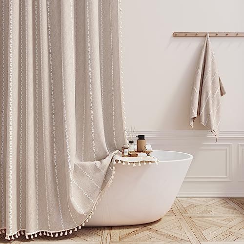 BTTN 72x84 Long Boho Farmhouse Linen Heavy Duty Shower Curtain, Tan/Taupe
