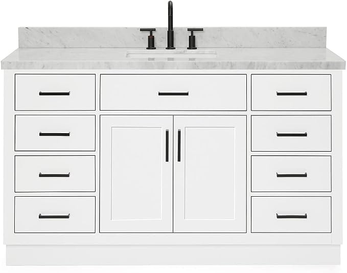 ARIEL Hepburn 60-inch Bathroom Vanity with Sink,Solid Wood, 1.5-inch Italian Carrara Marble Countertop, Single Rectangular Porcelain Sink, 2 Soft Closing Doors, 9 Dovetail Drawers, White