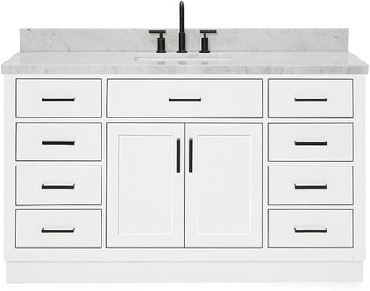 ARIEL Hepburn 60-inch Bathroom Vanity with Sink,Solid Wood, 1.5-inch Italian Carrara Marble Countertop, Single Rectangular Porcelain Sink, 2 Soft Closing Doors, 9 Dovetail Drawers, White