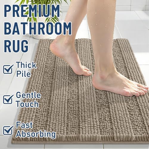 Grandaily Chenille Striped Bathroom Rugs 24x16, Extra Thick and Soft Absorbent Bath Mats, Rubber Backing, Plush Shaggy Shower Carpet, Machine Wash Dry, Bath Rug for Bathroom, Warm Taupe