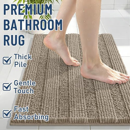 Grandaily Chenille Striped Bathroom Rugs 24x16, Extra Thick and Soft Absorbent Bath Mats, Rubber Backing, Plush Shaggy Shower Carpet, Machine Wash Dry, Bath Rug for Bathroom, Warm Taupe