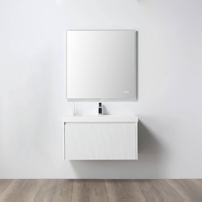 Blossom 36 Inch Bathroom Vanity with Sink | All Wood Wall Mounted Floating Vanity Cabinet with Acrylic Sink | Soft-Close Drawer | Modern Minimalist Style Vanities (36" w/Acrylic Basin, Matte White)