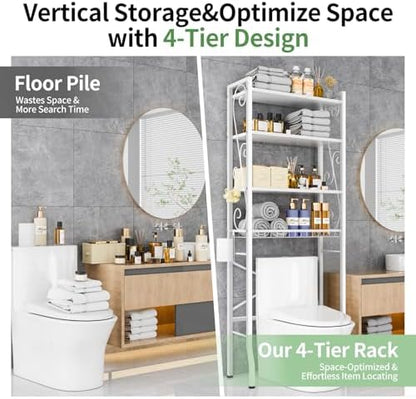 Over-The-Toilet Storage Rack 4-Tier,Bathroom Organizer Shelf Over Toilet,Adjustable Wooden Shelves and Basket,Freestanding Above Toilet Shelve,Space Saver for Rooms(White Rack-White Shelves)