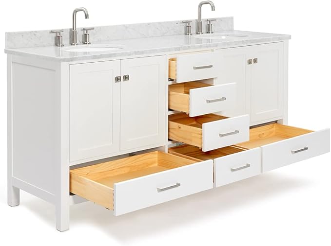 ARIEL Cambridge 72-inch Bathroom Vanity with Sink,Solid Wood, 0.75-inch Italian Carrara Marble Countertop & Backsplash, Double Oval Porcelain Sink, 4 Soft Closing Doors, 6 Dovetail Drawers, White