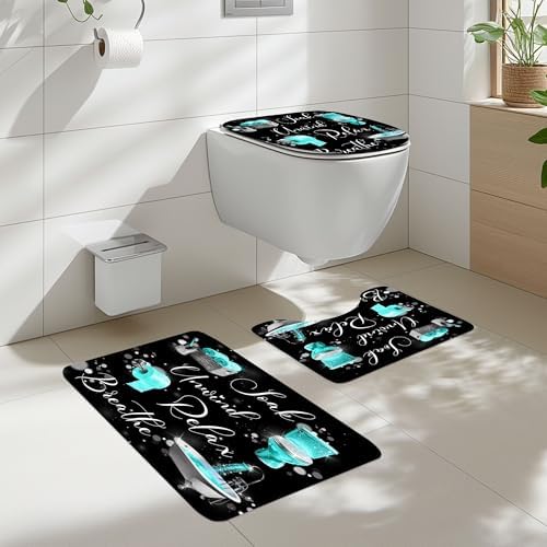 Teal Black Funny Quotes Positive 4Pcs Bathroom Shower Curtain Set with Rugs