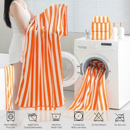 18 Pcs Orange Stripe Bath Towel Set with Hanging Loop-6 Bath Towels,6 Hand Towels,6 Washcloths Soft Family Towels Bathroom Towel Highly Absorbent Quick Dry Shower Towel for Beach Chair Spa Gym Hotel