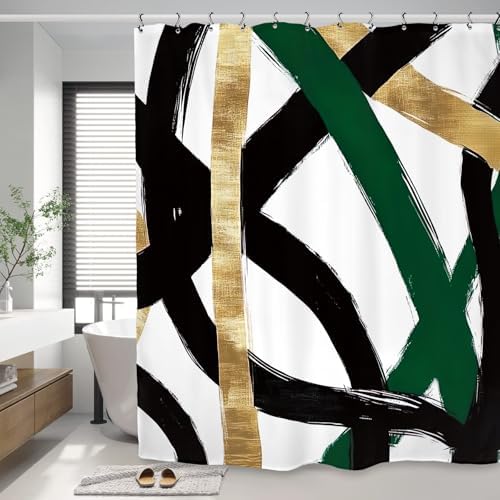 Abstract Emerald Green Black Gold Shower Curtain 60Wx72L Inch Modern Minimalist Contemporary Geometric Bathroom Set Accessories Decor with 12 Pack Hooks
