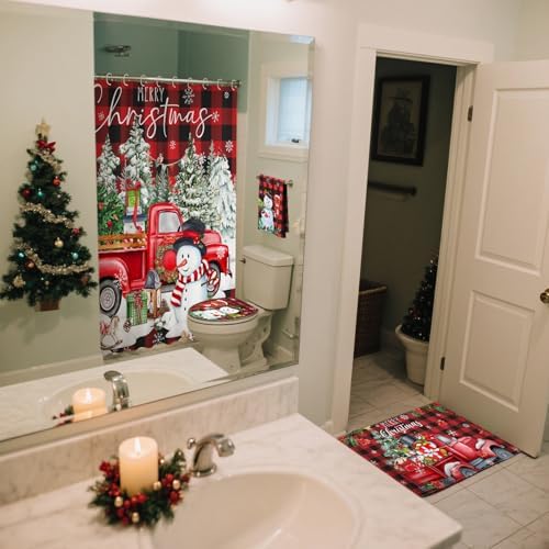 FuWeave 8 Pcs Christmas Shower Curtain Set Xmas Santa Bathroom Decoration Christmas Tree Hand Towels Snowman Toilet Lid Cover Bathroom Rugs Xmas Shower Curtain with Hooks(Buffalo Plaid)
