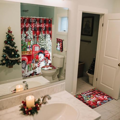 FuWeave 8 Pcs Christmas Shower Curtain Set Xmas Santa Bathroom Decoration Christmas Tree Hand Towels Snowman Toilet Lid Cover Bathroom Rugs Xmas Shower Curtain with Hooks(Buffalo Plaid)