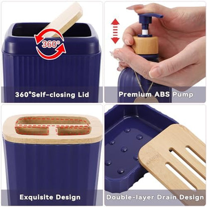 XLHOMO 30PCS Navy Blue Bathroom Accessories Set with Waffle Shower Curtain,Trash Can,3PCS Lotion Soap Dispenser, Toothbrush Holder, Soap Dish,Tumbler Cup,6PCS Wood Tags Bath Accessories with Tray