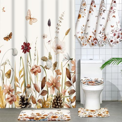 Honoson Fall Wildflower Shower Curtain Bathroom Set with Rug and Towls
