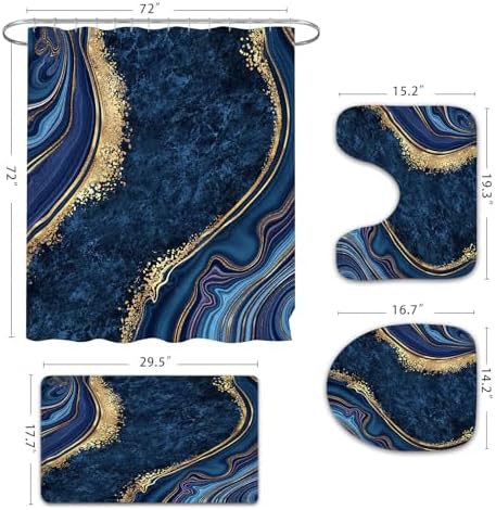 Gibelle 4 Pcs Luxury Marble Shower Curtain Set with Non-Slip Rugs, Toilet Lid Cover and Bath Mat, Gold Foil Navy Blue Bathroom Decor Set with Shower Curtain and Rugs and Accessories