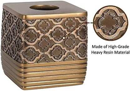 Zahari Home 2pc Spindle Modern Bath Accessories Set Waste Basket & Tissue Box Modern Classic Contemporary Decorative Beautiful Designs Bathroom Decor Set for Home Gold Complete Bathroom Sets